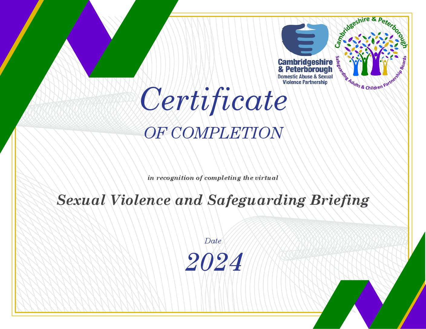 Sexual Violence and Safeguarding Briefing Certificate Cambridgeshire