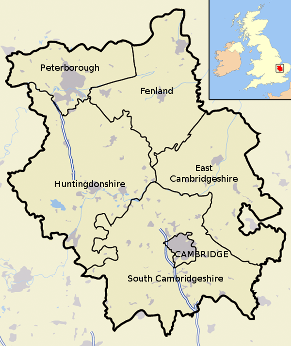 Map of Cambridgeshire with Unitary and Districts labelled